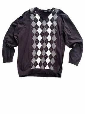 Claiborne Mens Sweater XXL Black/Gray Argyle Diamond V Neck 100% Cotton